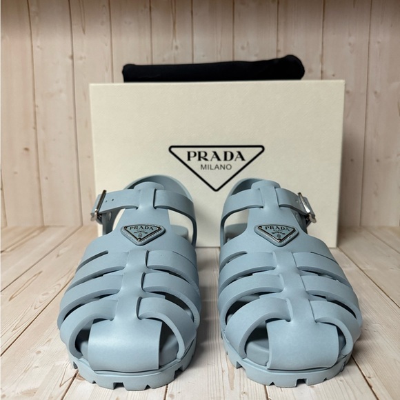 Prada Logo Plaque Rubber Fisherman Sandals Cielo Blue Sz 40 / 10 - Picture 5 of 15